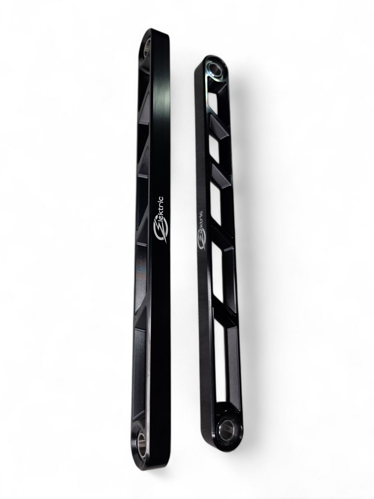 Can-Am Maverick R anodized black rear sway bar links shown solo displaying unique stylistic billet design
