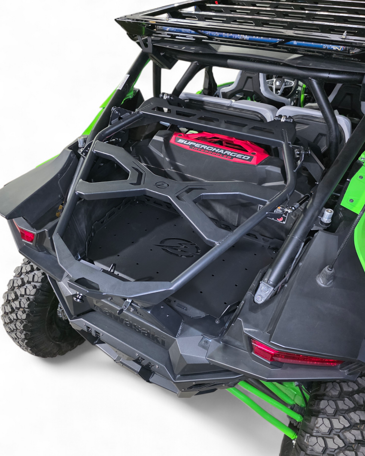 Overhead view of Kawasaki Teryx H2 Baja tire rack showing spare mounting layout