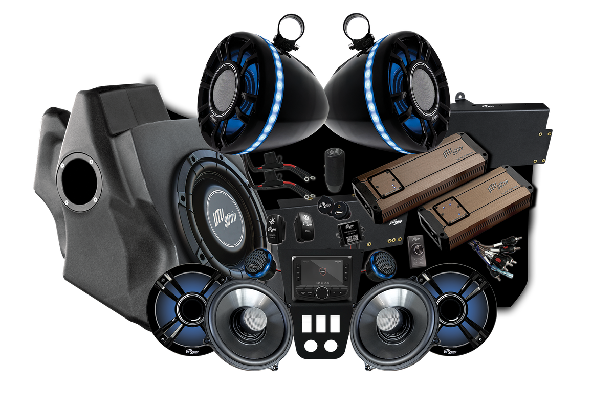 UTV Stereo audio system bundle including speakers, amplifiers, subwoofer, and head unit