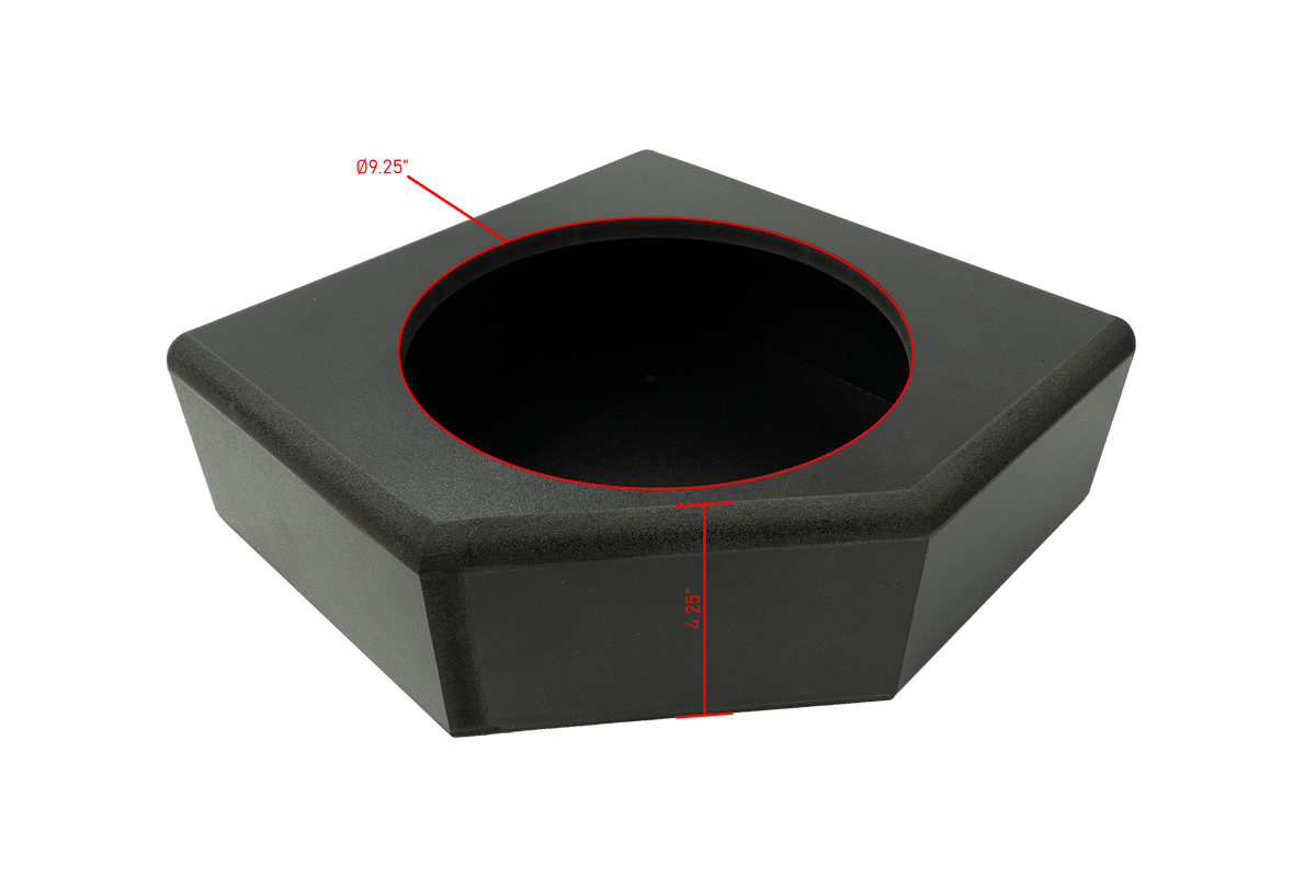 UTV Stereo black subwoofer enclosure with 9.25 inch diameter opening and 4.25 inch depth dimensions