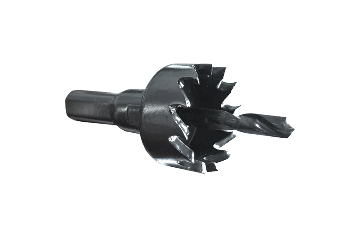 Black metal hole saw drill bit with pilot drill