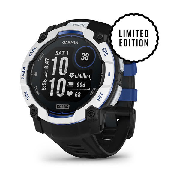 Instinct® 3 – 50 mm, Solar, Whitestone with Black/Bolt Blue Band