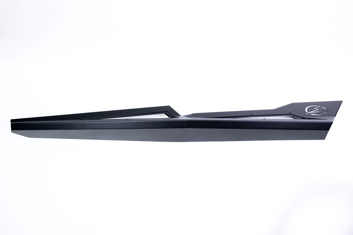 Angled view of Can-Am Maverick X3 4-seat Rock Sliders showing slider depth and profile