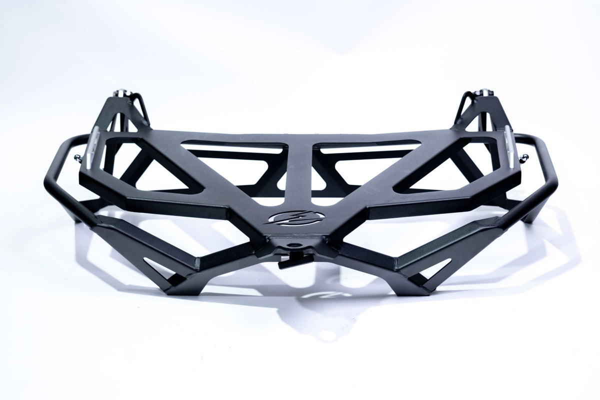 Driver side view of Volt Series Baja tire rack installed on Can-Am Maverick X3