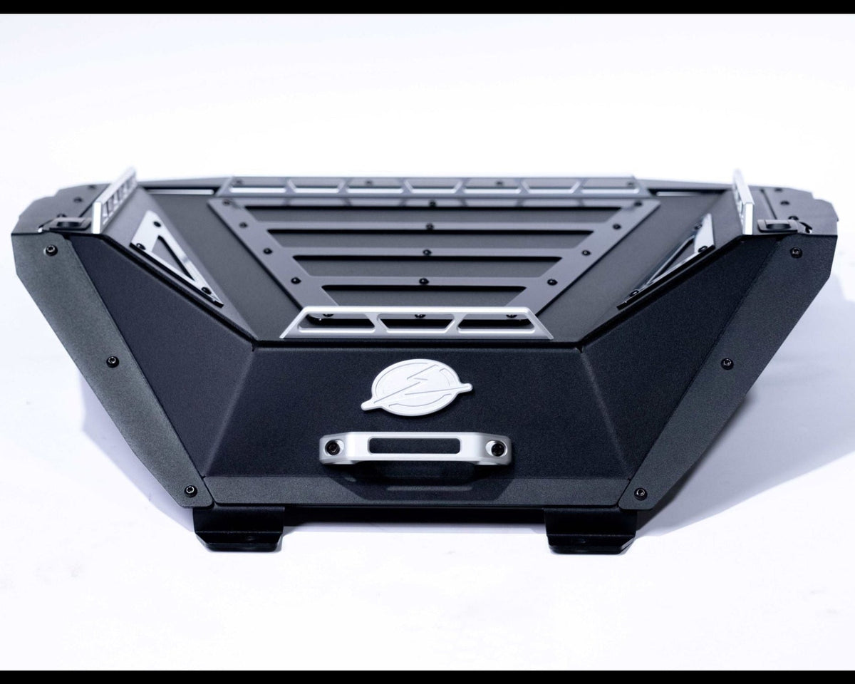 Rear view of Polaris RZR Baja bed box installed showing tie-down rail layout