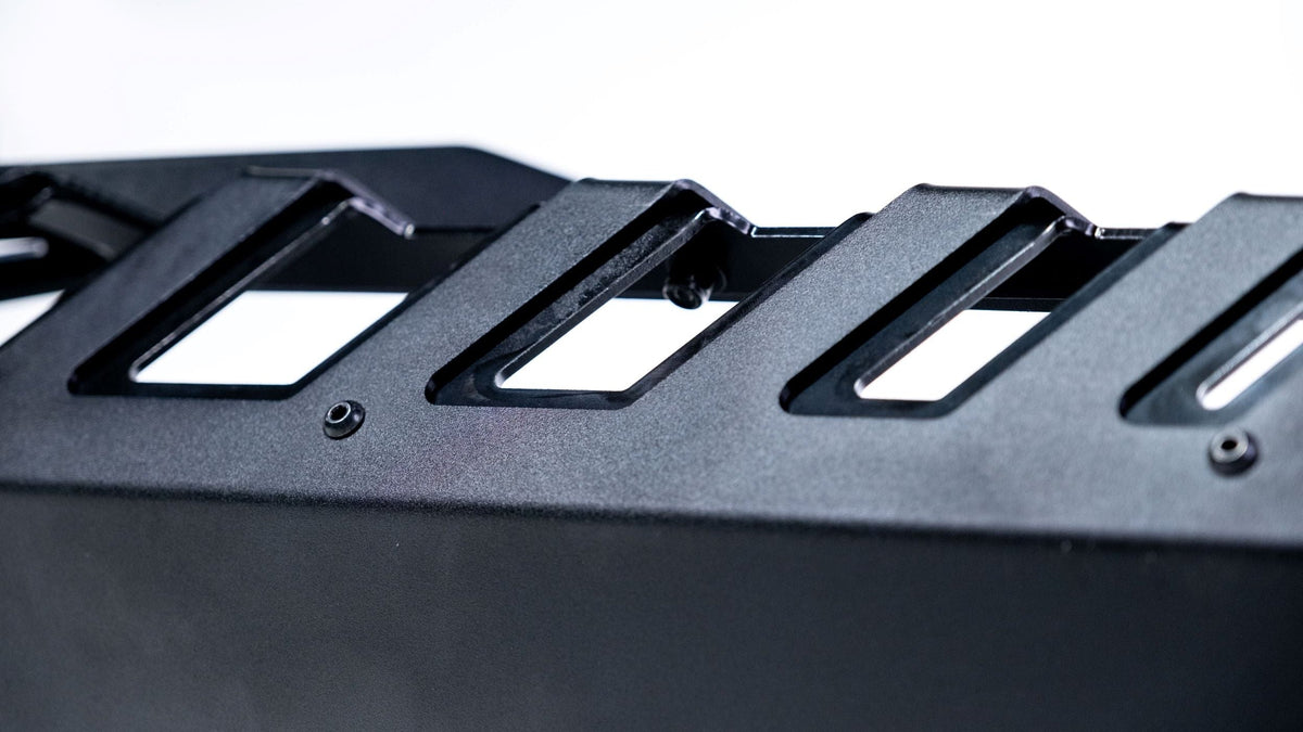 Two-tone hammer black and satin finish on Polaris RZR 4-seat rock sliders