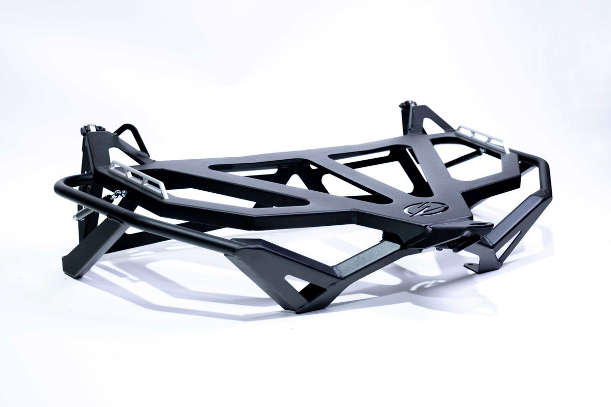 Overhead view of Can-Am Maverick X3 Baja tire rack showing storage and tire mount layout