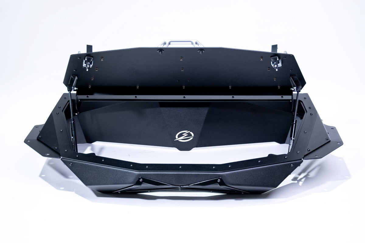 Driver side view of Volt Series Baja Bed Box installed on Can-Am Maverick X3