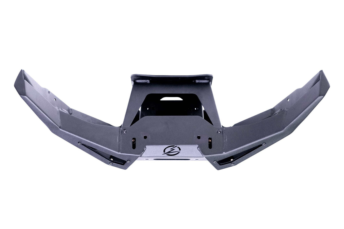 Light bar mounted on Polaris RZR Pro R front winch bumper for trail lighting