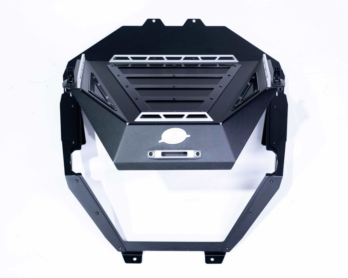 Top-down view of Polaris RZR Baja bed box showing tie-down rails and lid