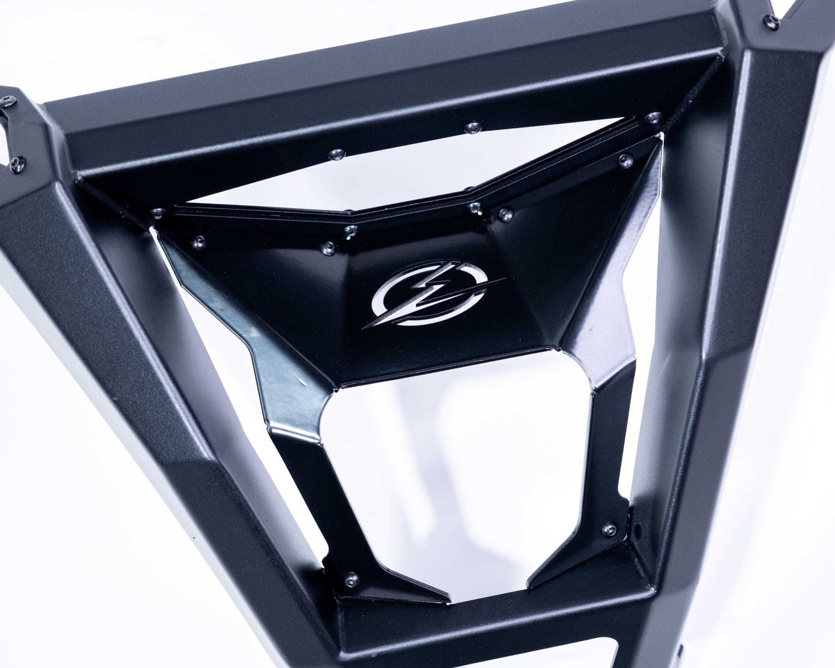 Polaris RZR Pro R Volt Series rear bumper shown solo displaying full steel and skid plate construction