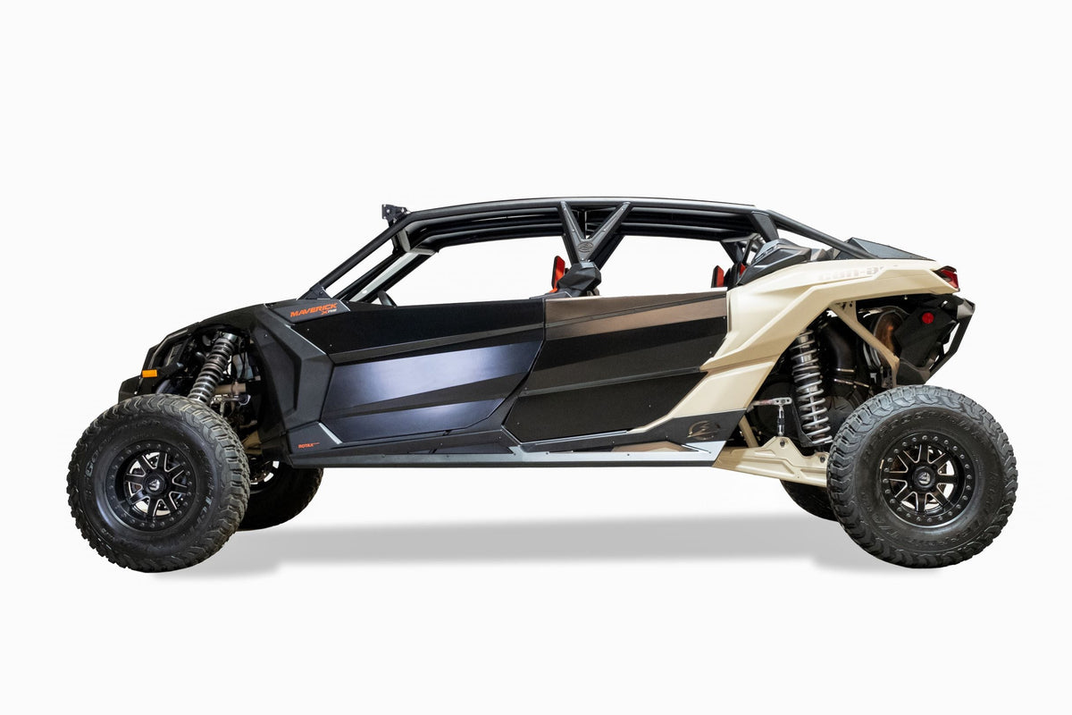 Side profile of Can-Am Maverick X3 4-seat Volt Series Rock Sliders showing full-length rocker panel coverage