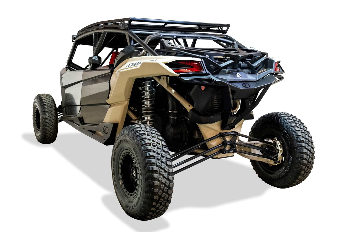 Bolt-on mounting point detail on Can-Am Maverick X3 Baja tire rack showing direct-fit installation