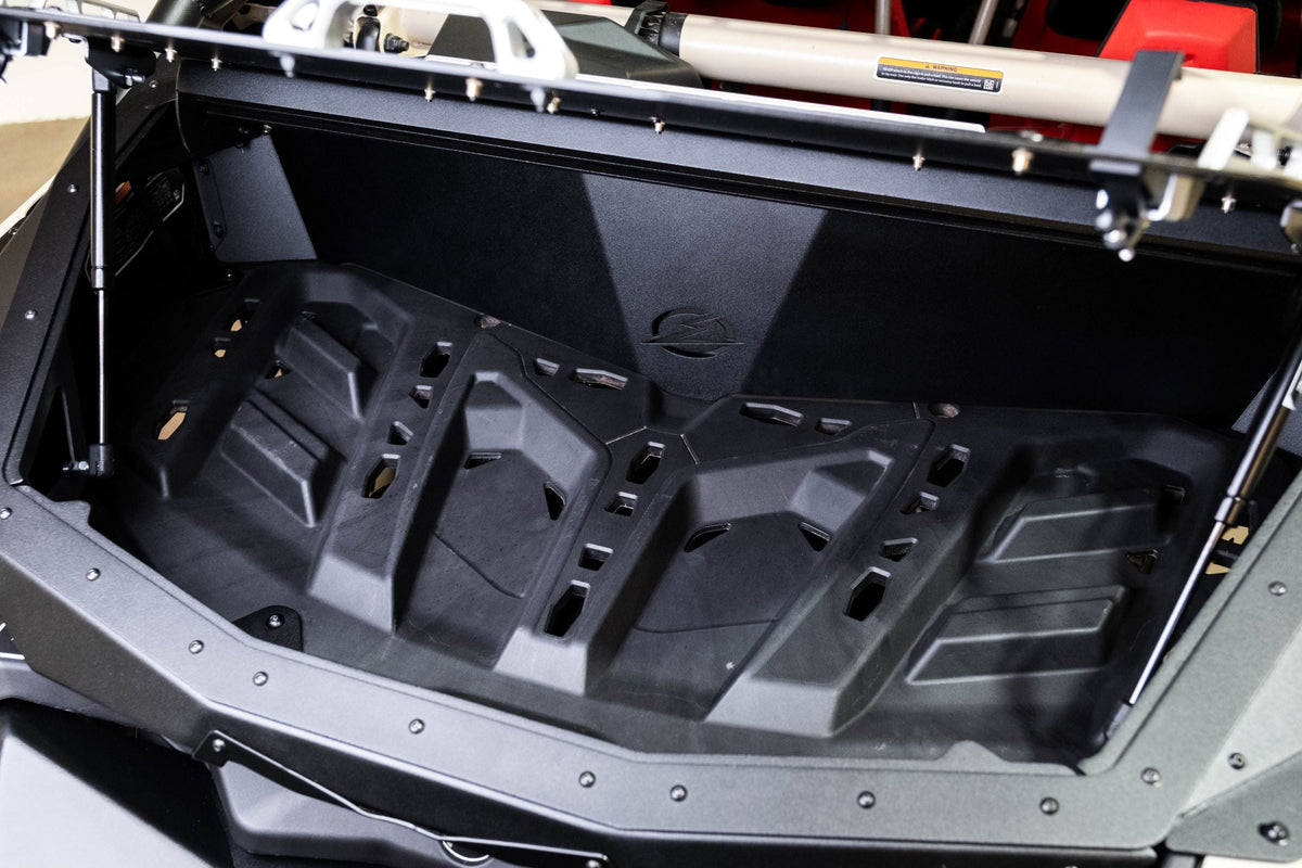 Billet aluminum tie-down rails on top of Can-Am Maverick X3 Baja Bed Box lid for strapping larger gear