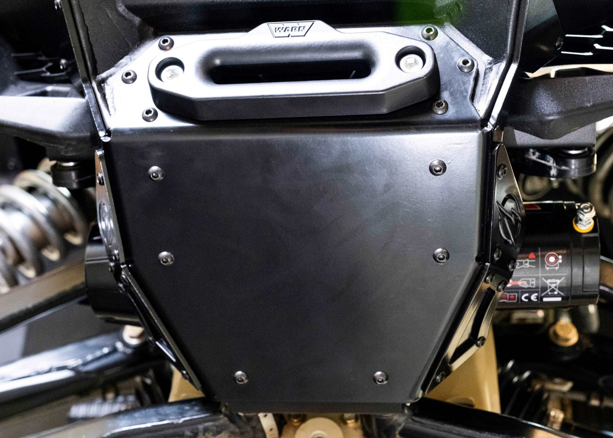 Hammer black powder coat and satin black panel finish detail on Can-Am Maverick X3 Volt Series Winch Bumper showing two-tone texture