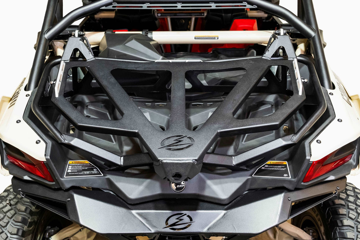 Rear three-quarter view of Can-Am Maverick X3 Baja tire rack showing aluminum rail construction
