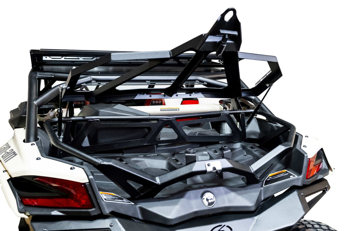 Full machine rear view of Can-Am Maverick X3 with Baja tire rack and spare mounted