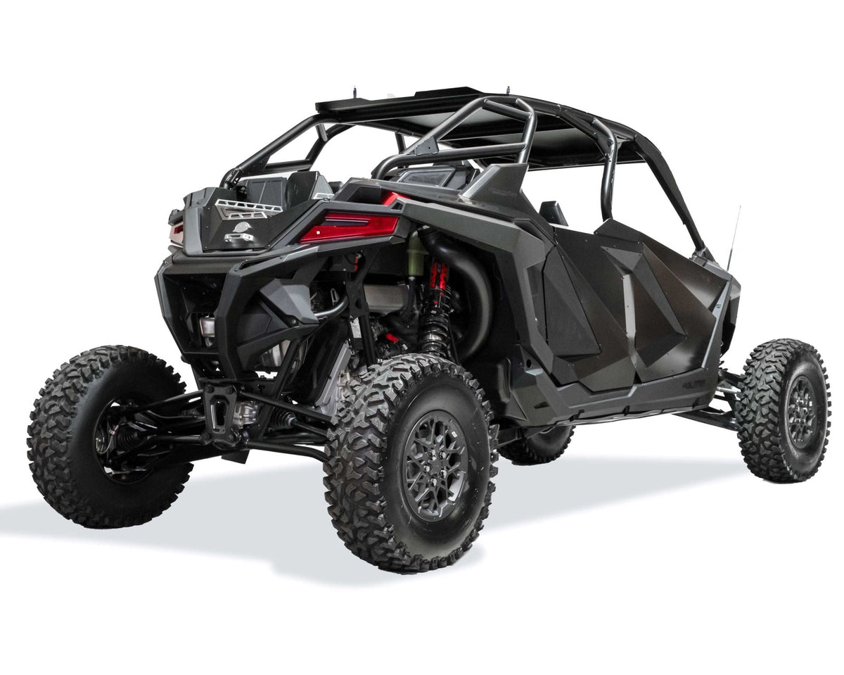 Aluminum skid plate detail on Polaris RZR Pro R Volt rear bumper