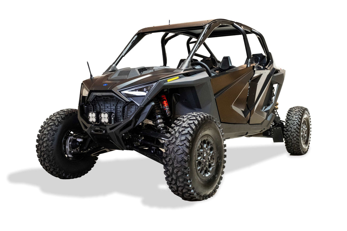 10-inch LED light bar bracket detail on Polaris RZR Pro R Volt front winch bumper