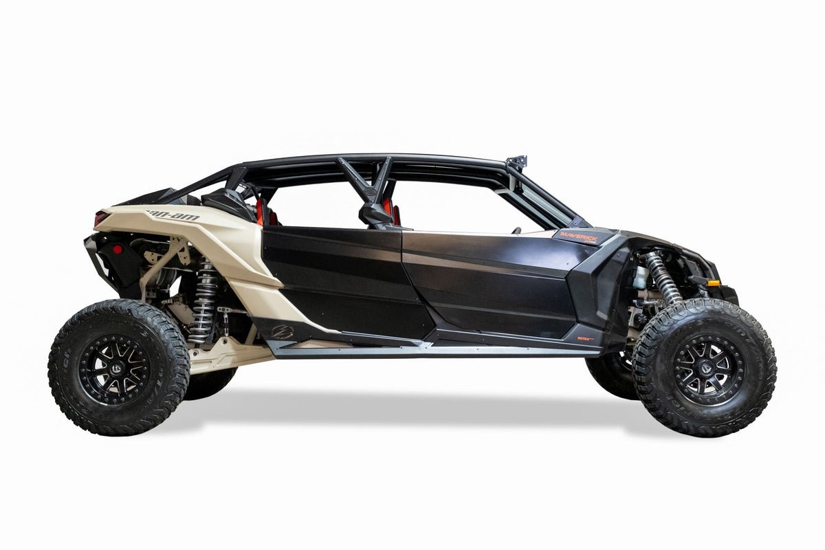 Steel slider and satin black aluminum accent plate detail on Can-Am Maverick X3 Volt Series Rock Sliders