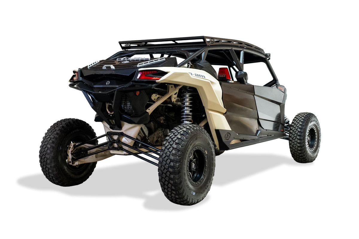 Steel Baja bed box for 2017-2024 Can-Am Maverick X3. Dual-latch storage with gas-strut lid, billet handles, and tie-down rails. Hammer black, bolt-on. Shop EOD.