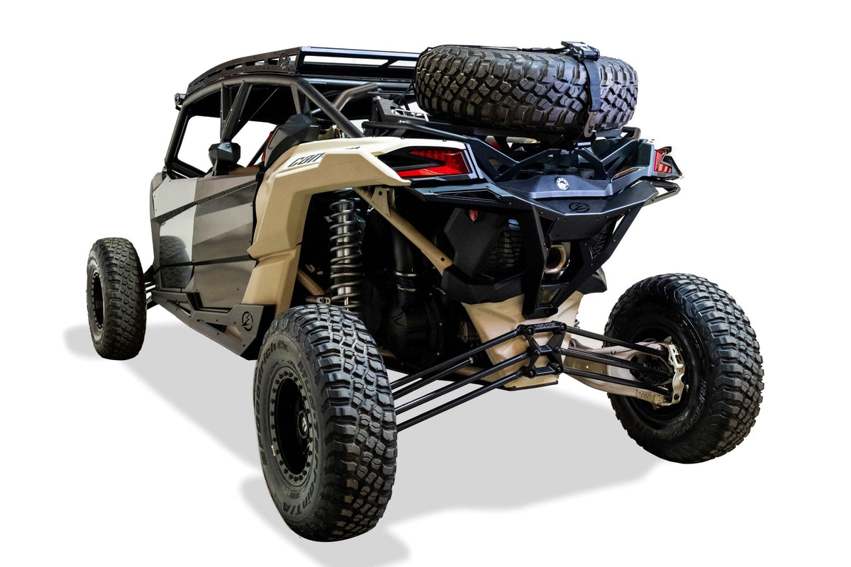 35-inch spare tire mounted on Can-Am Maverick X3 Volt Series Baja tire rack
