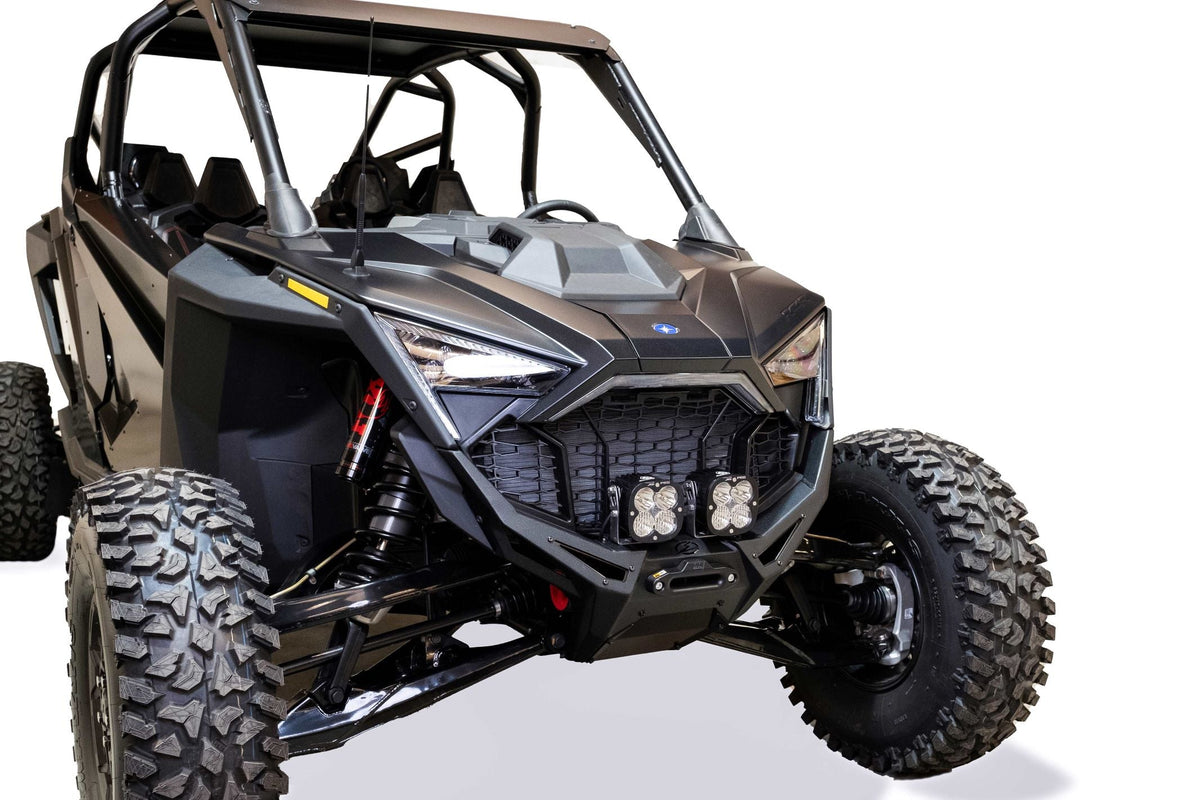 Hidden winch mount behind the bumper skid on Polaris RZR Pro R front winch bumper