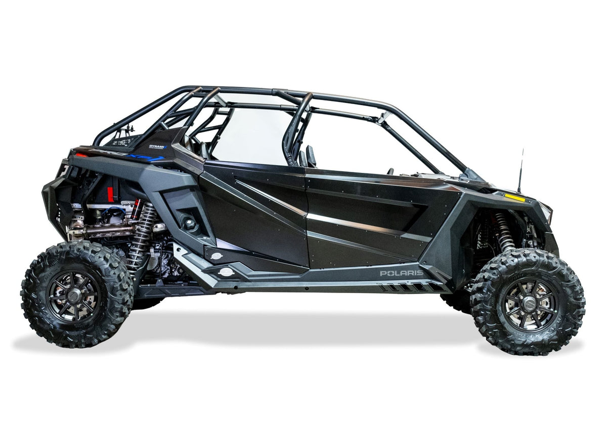 Aluminum accent plate and steel slider junction detail on Polaris RZR rock sliders
