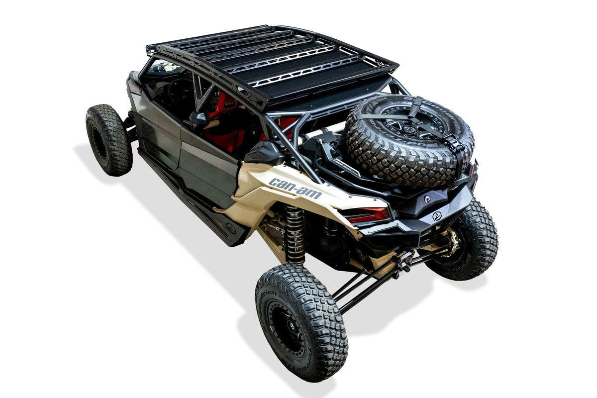 Dual gas strut detail on Can-Am Maverick X3 Volt Series Baja tire rack holding rack open hands-free