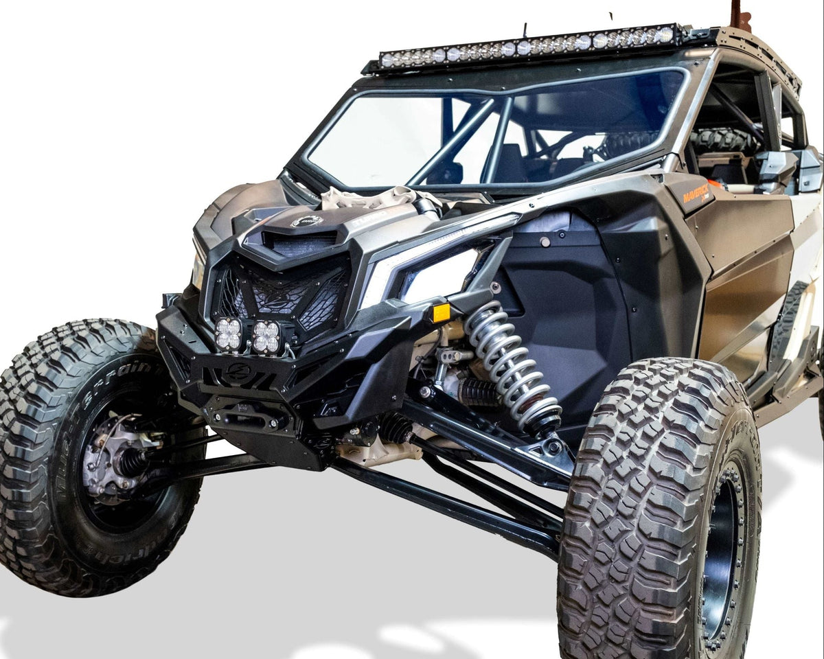 Hidden winch mount detail on Can-Am Maverick X3 Volt Series Front Bumper showing industry-standard bolt pattern for UTV winch installation