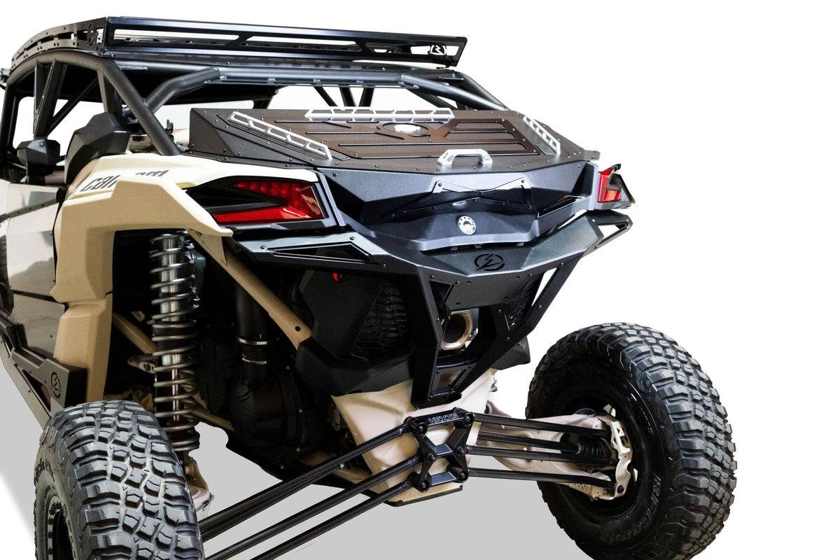 Baja Bed Box lid open on Can-Am Maverick X3 showing secure interior storage and dual gas strut assist