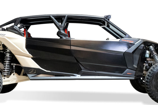 Volt Series Rock Sliders installed on 4-seat Can-Am Maverick X3 showing steel side protection and hammer black finish