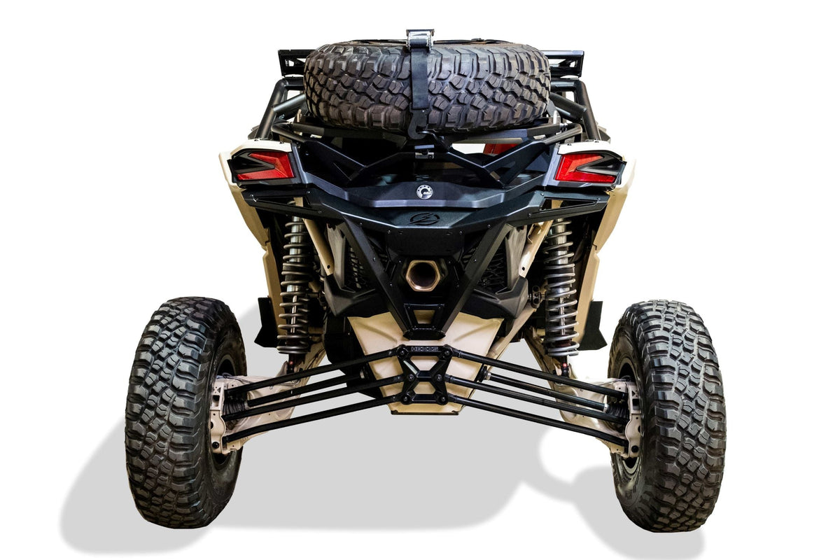 Hammer black powder coat finish detail on Can-Am Maverick X3 Baja tire rack