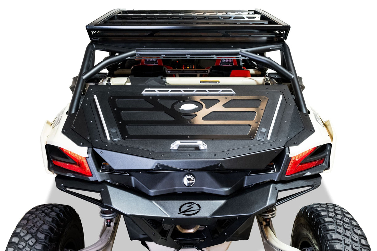 Steel Baja bed box for 2017-2024 Can-Am Maverick X3. Dual-latch storage with gas-strut lid, billet handles, and tie-down rails. Hammer black, bolt-on. Shop EOD.