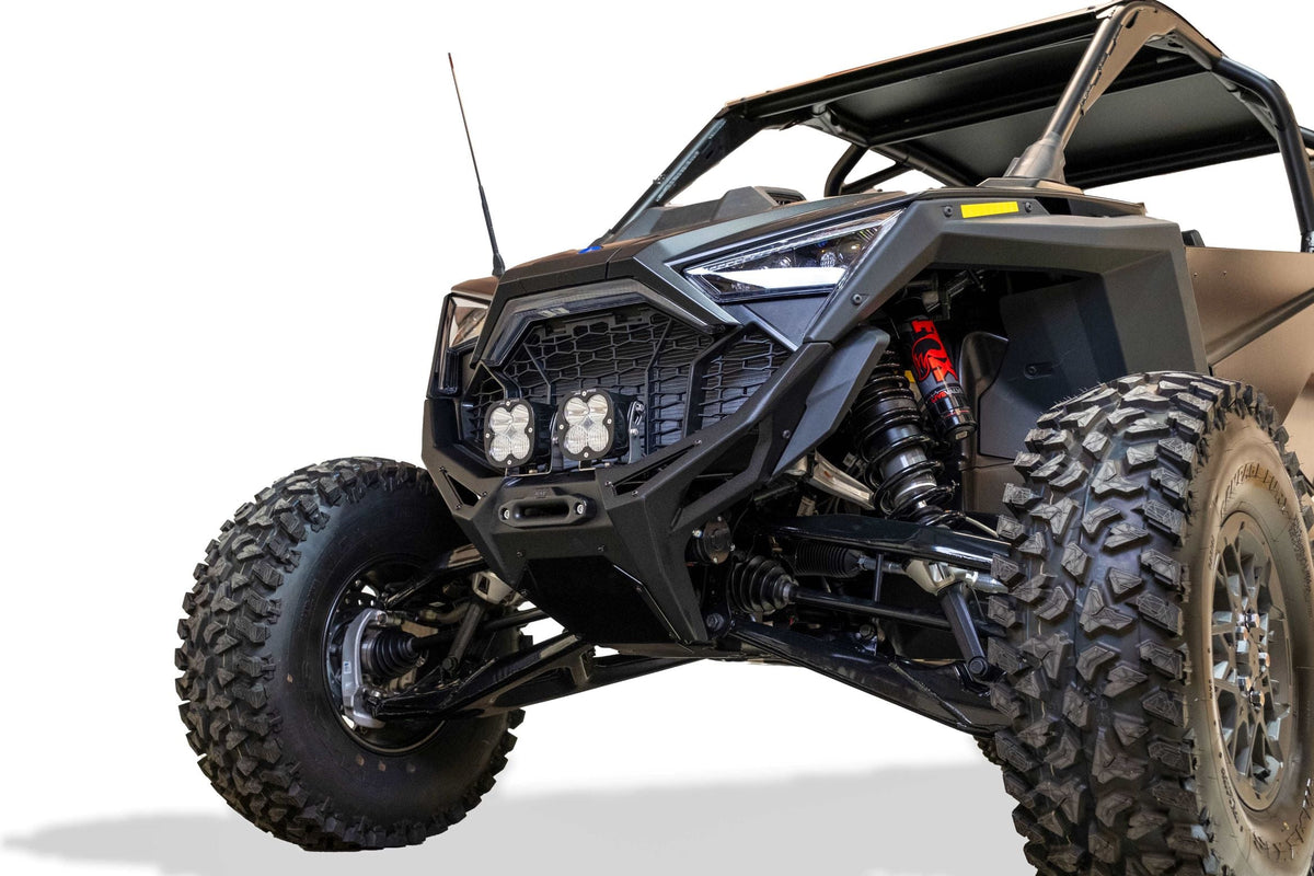 Volt Series Front Winch Bumper installed on 2022-2024 Polaris RZR Pro R showing hidden winch mount and hammer black finish