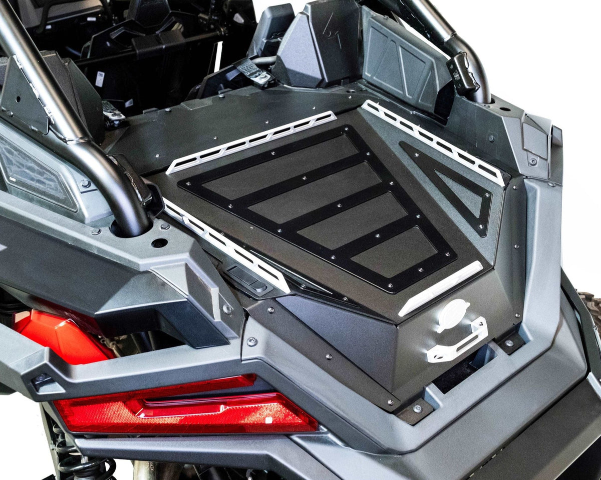 Volt Series Baja Bed Box installed on Polaris RZR showing steel storage box in hammer black finish