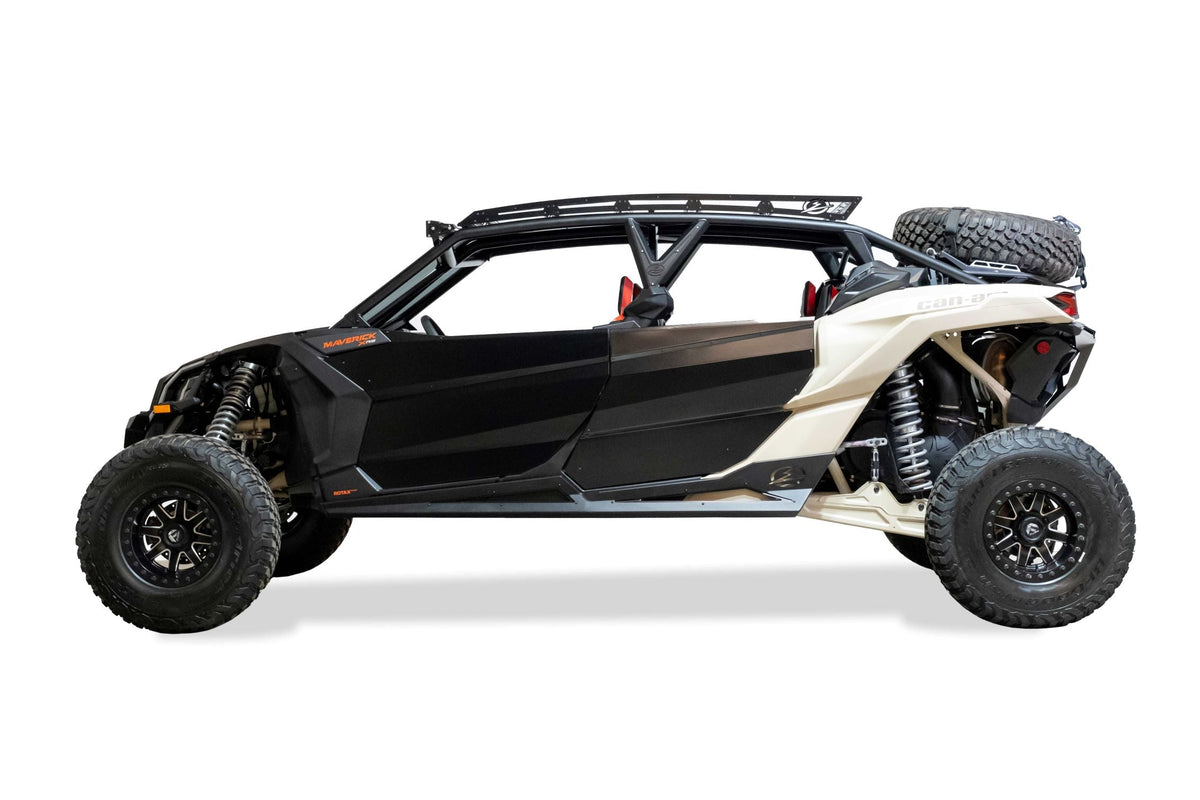 Passenger side view of Can-Am Maverick X3 Baja spare tire carrier