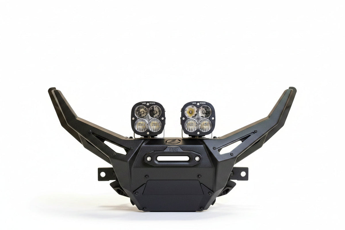 Front three-quarter view of Polaris RZR Pro R Turbo R Volt front winch bumper with satin black panels