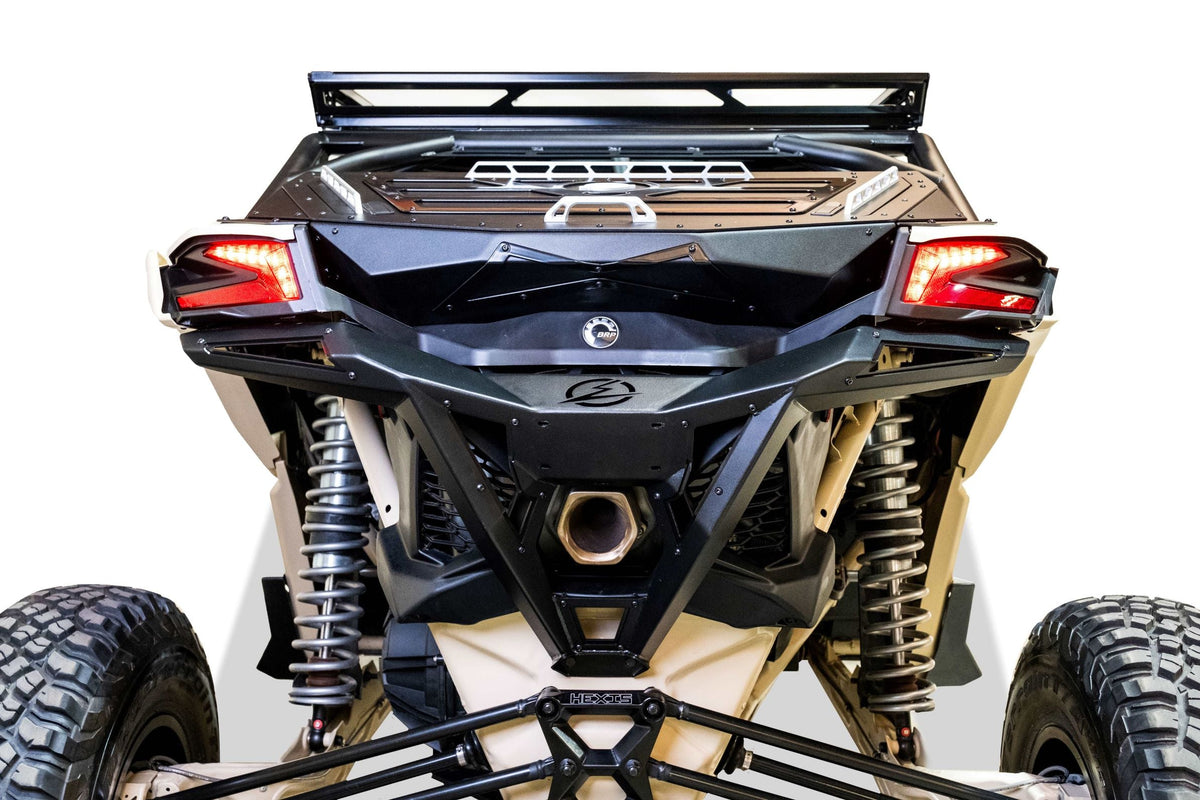 Volt Series Rear Bumper installed on Can-Am Maverick X3 showing modern steel design and hammer black powder coat finish
