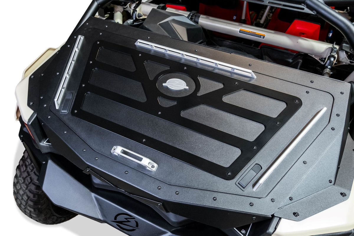 Dual latch closure detail on Can-Am Maverick X3 Volt Series Baja Bed Box keeping lid shut on rough rides