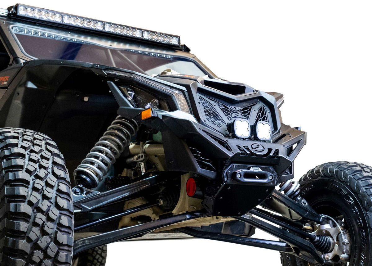 10-inch light bar bracket mounting location on Can-Am Maverick X3 Volt Series Winch Front Bumper showing universal light mount pattern