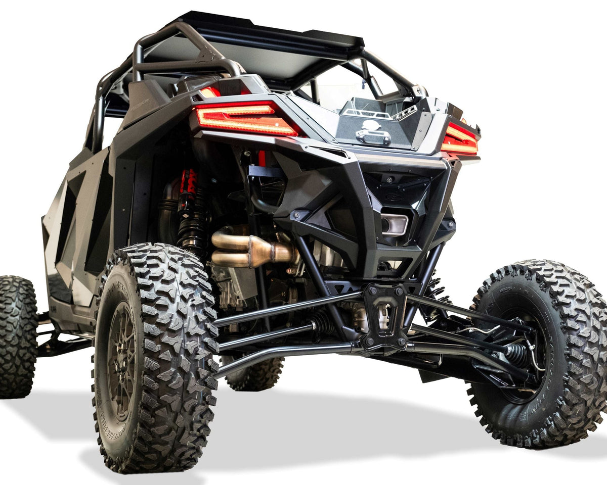 Rear three-quarter view of Polaris RZR Pro R Volt rear bumper with satin black aluminum skid plate