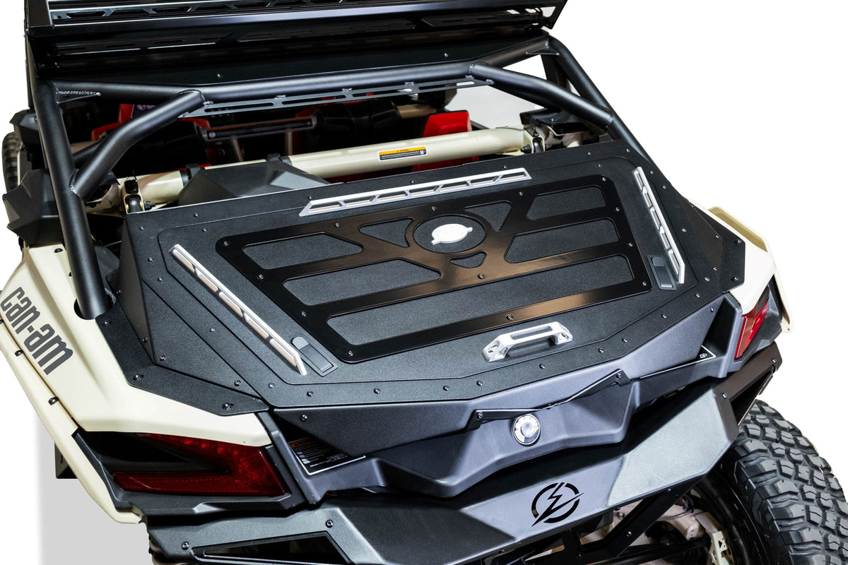 Dual gas strut detail on Can-Am Maverick X3 Baja Bed Box holding lid open hands-free