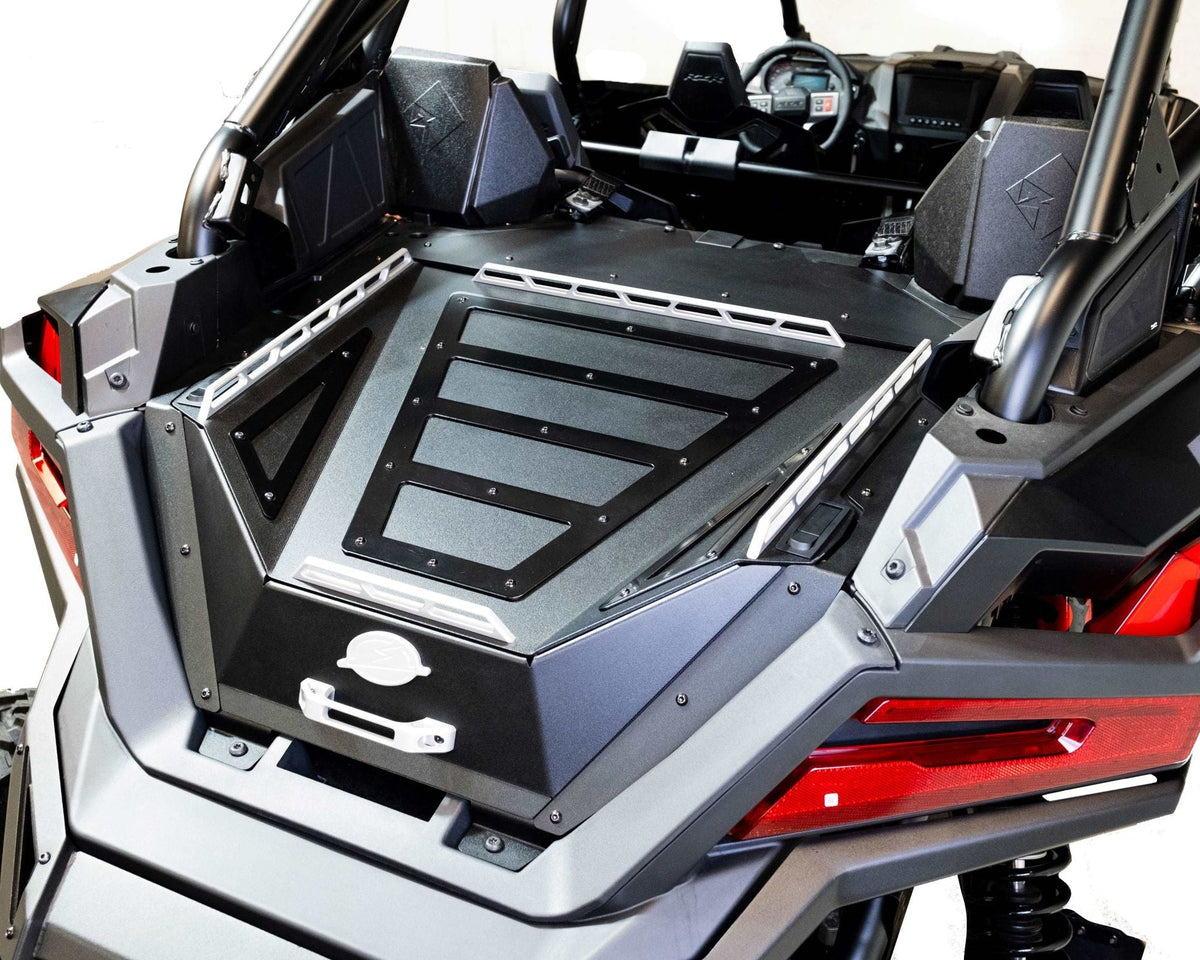 Hammer black powder coat and satin black accent panels on Polaris RZR Baja bed box