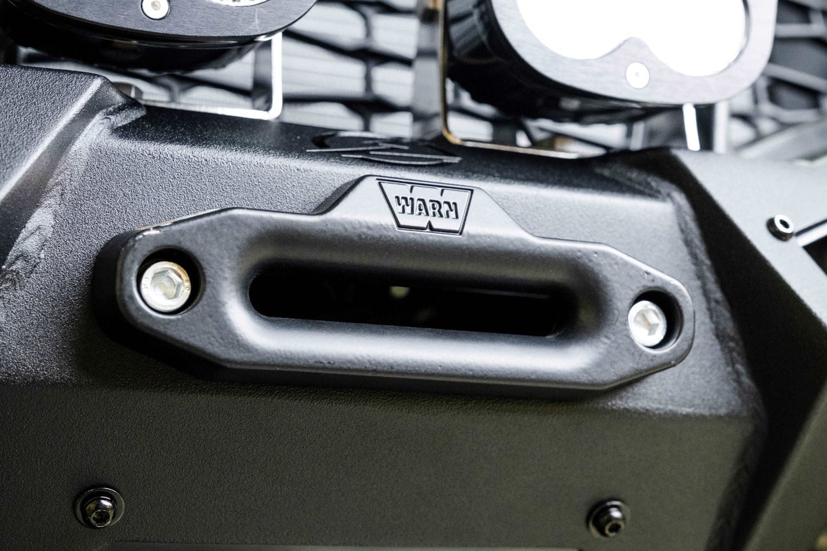 Hammer black powder coat and satin black panel finish on Polaris RZR Turbo R front winch bumper