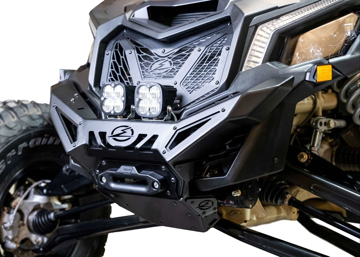 2017-2026 Can-Am Maverick X3 Volt Series Winch Front Bumper front three-quarter view showing slim tight fitment and satin black panels