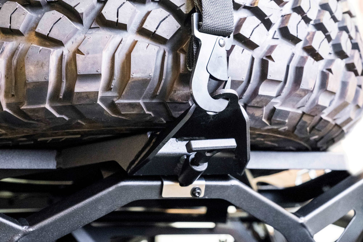 Corner detail of Can-Am Maverick X3 Volt Series Baja tire rack showing build quality