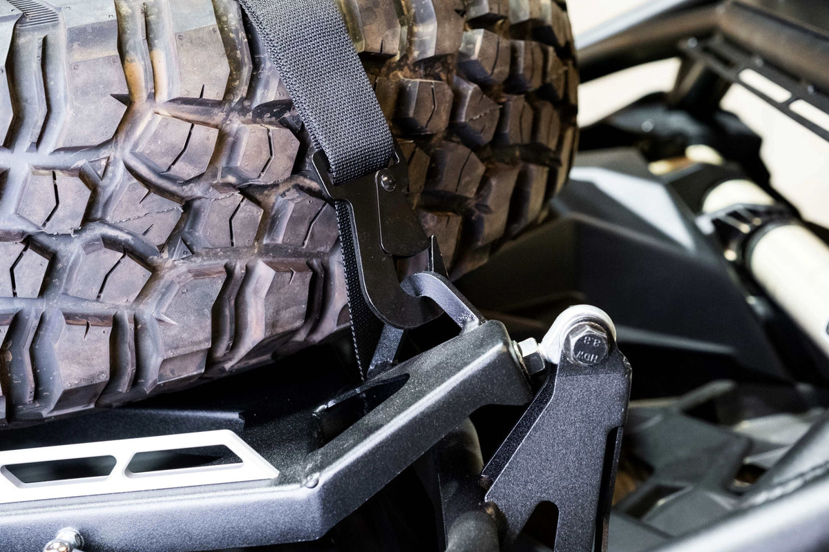 Side profile of Can-Am Maverick X3 Baja spare tire rack showing rack height and profile
