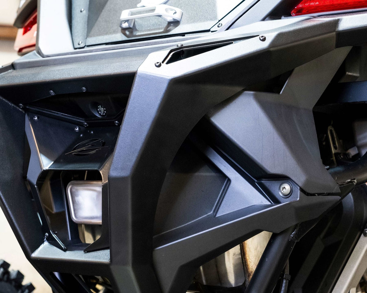 Driver side view of Volt rear bumper installed on Polaris RZR Pro R