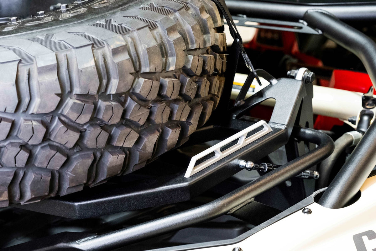 Lightweight aluminum rail construction detail on Can-Am Maverick X3 spare tire rack